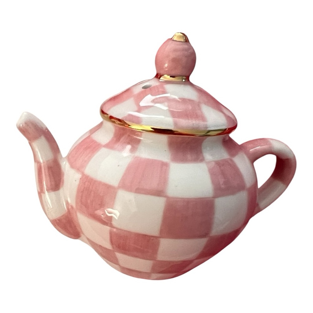 Mackenzie-Childs NWT in gift box gorgeous Rosy Check Teapot Salt & Pepper set - Picture 7 of 14